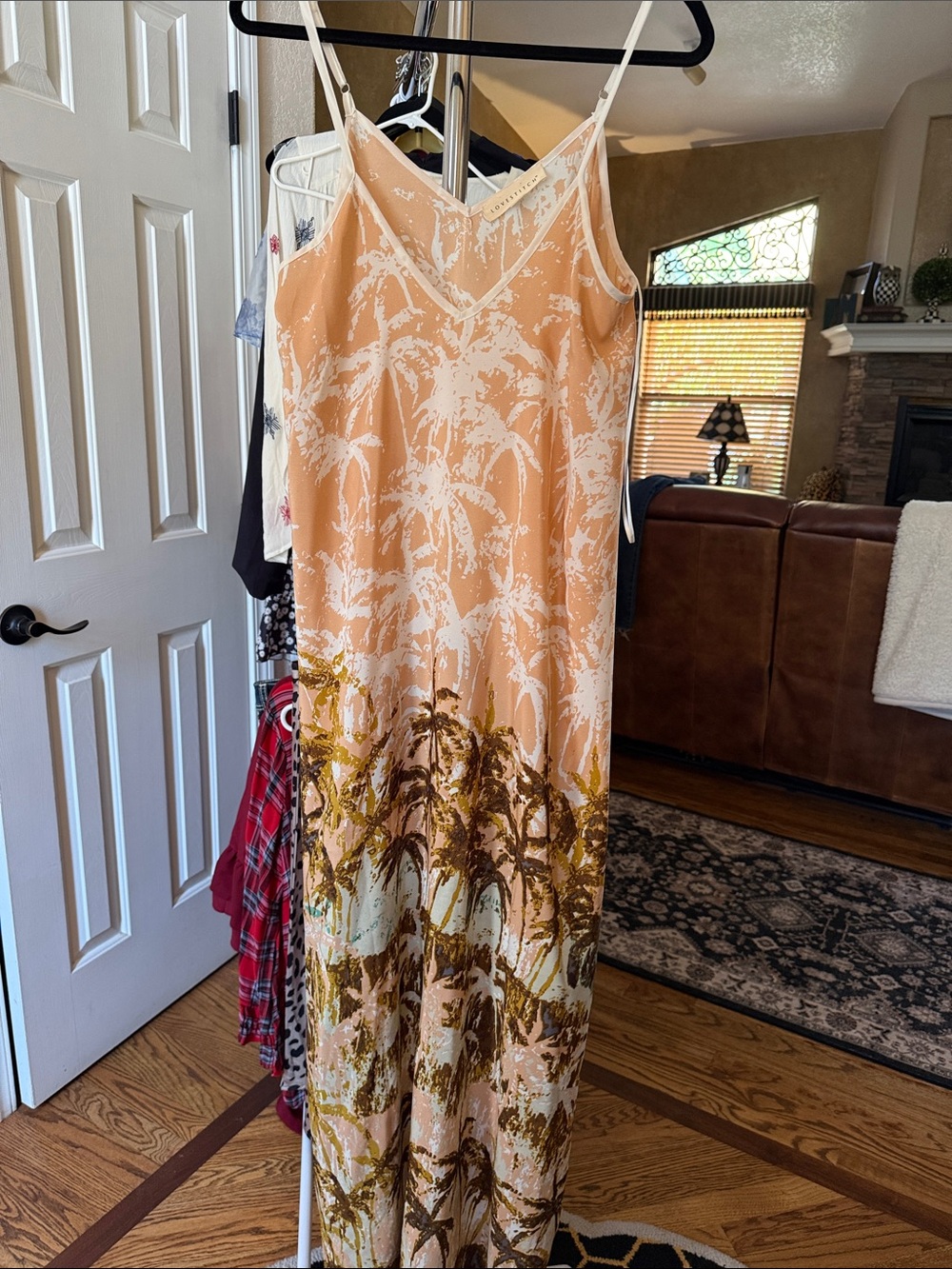 lovestitch Peach and White Palm-Print Maxi Dress